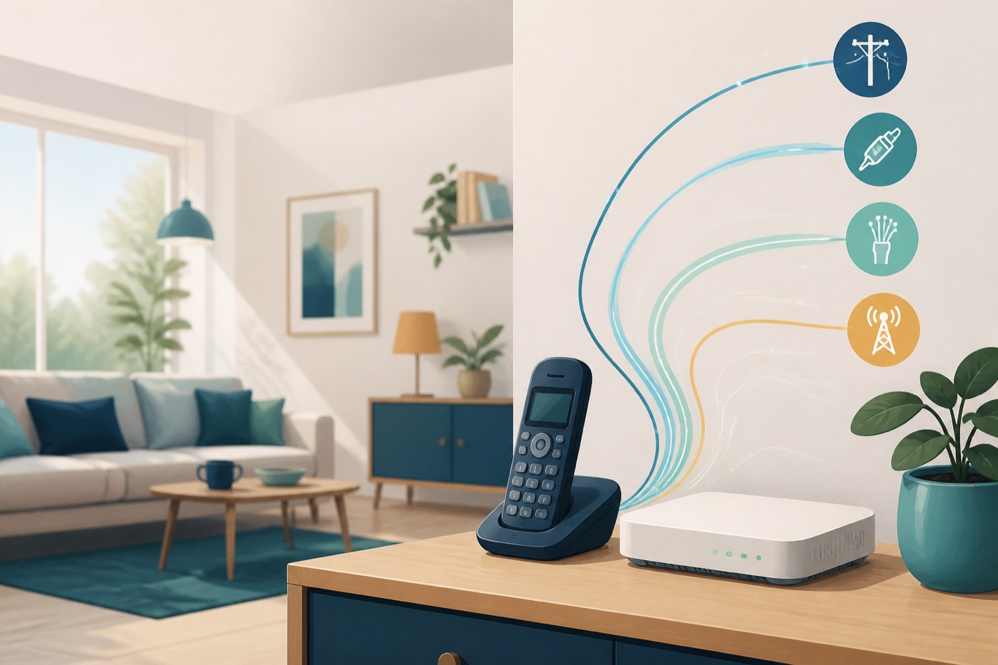 Wohnbereich mit Telefon, Router und Symbolen für moderne Anschlusstechniken
