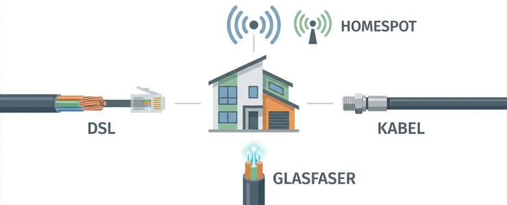 Grafik mit verschiedenen Anschlussarten DSL, Kabel, Glasfaser und Homespot für Festnetzanschluss