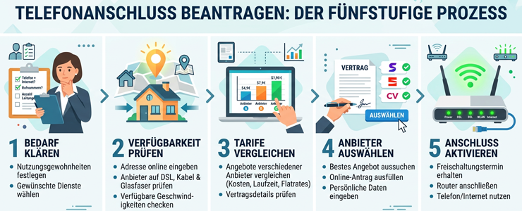 Infografik mit fünf Schritten zum Telefonanschluss beantragen von Bedarf bis Aktivierung