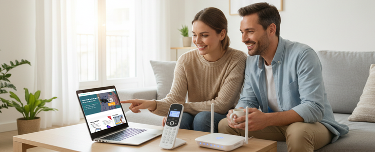 Mann und Frau Vergleichen Telefonanschlüsse auf Laptop